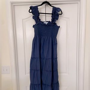 Hill House Navy Blue Ruffle Strap Midi Dress